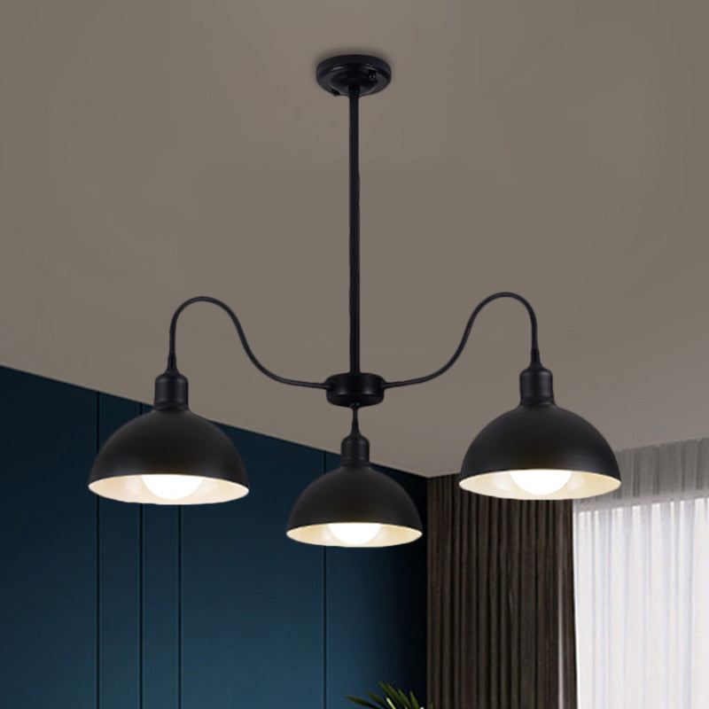 Black Finish 3-Head Chandelier Pendant with Retro Style Dome Shade - Ideal for Dining Room