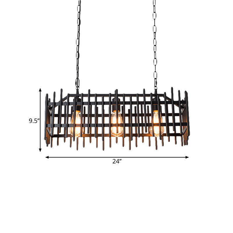 Metallic Wire Cage Island Light: Antique Style 3-Light Farmhouse Lamp In Black/Rust