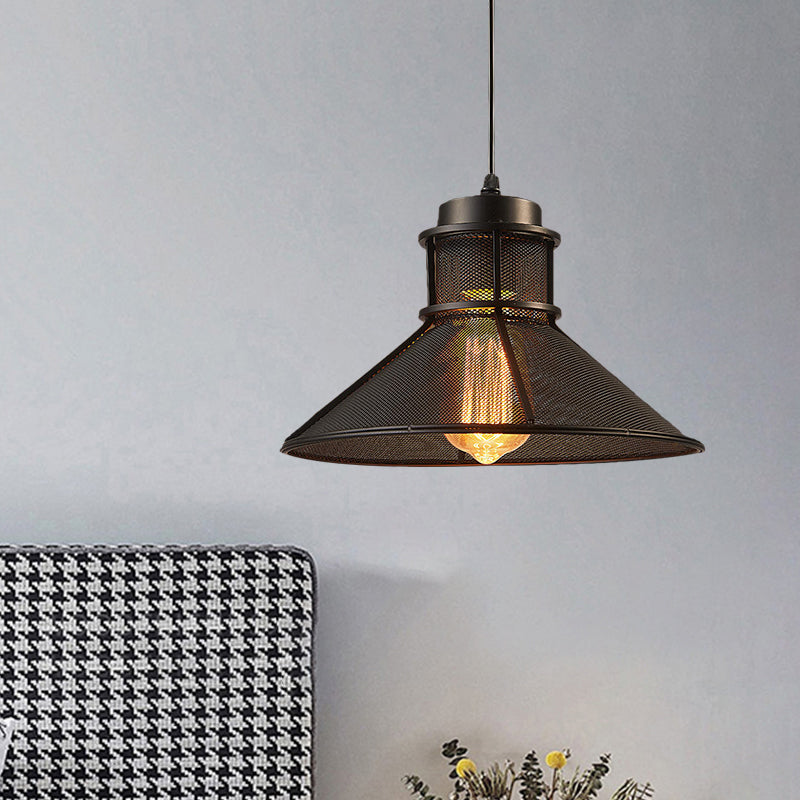 Vintage Style Hanging Light with Mesh Conic Shade - Metallic Pendant Ceiling Light