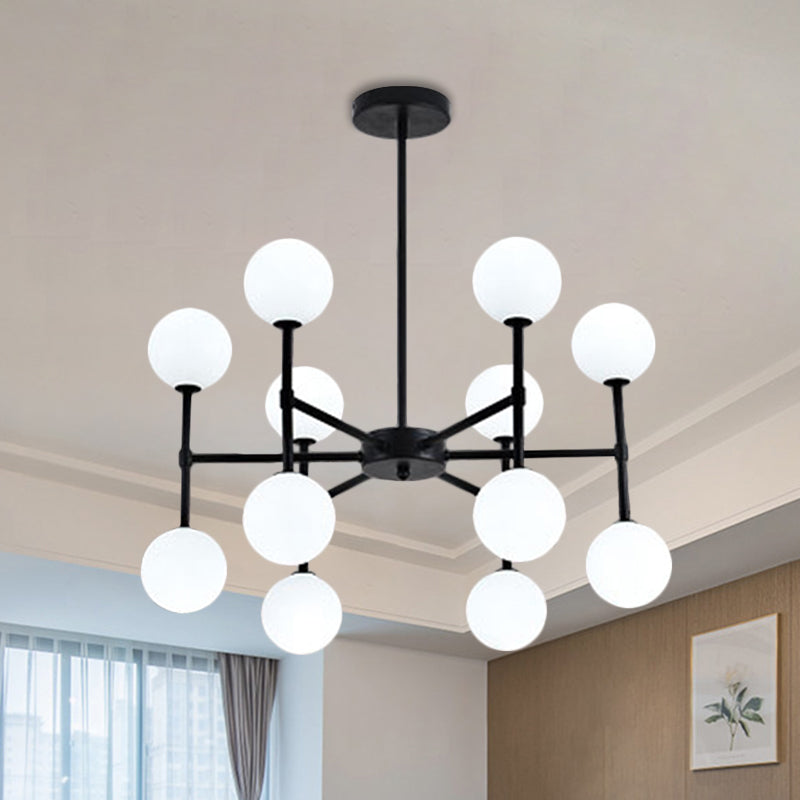 Modern Black/Gold Bubble Shade Chandelier With Opal Glass - 12 Light Ceiling Pendant For Living Room