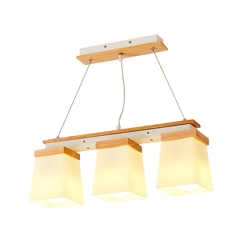 Nordic Island Chandelier - Square Shade Wooden Dining Room Light With 3/4 White Lights