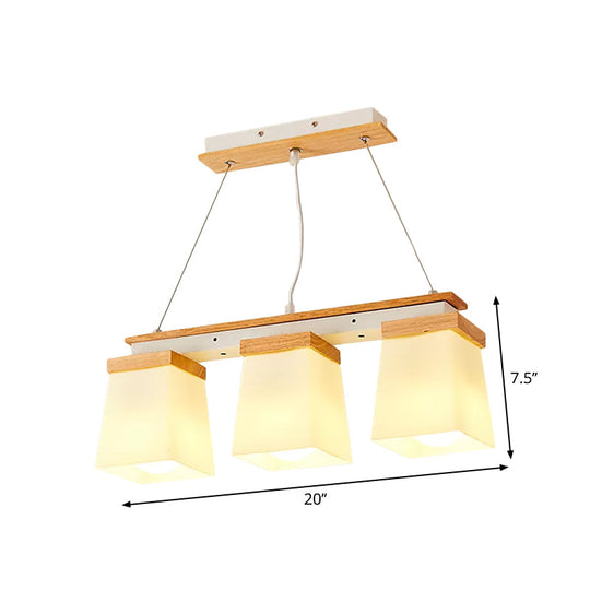 Nordic Island Chandelier - Square Shade Wooden Dining Room Light With 3/4 White Lights