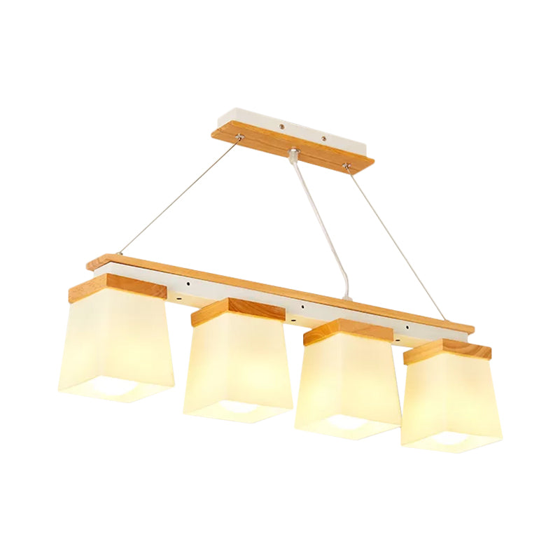 Nordic Island Chandelier - Square Shade Wooden Dining Room Light With 3/4 White Lights