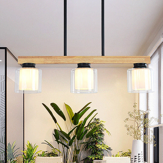 Nordic Wooden Linear Pendant With Double Glass Cylinder Shades For Restaurant Island Lighting