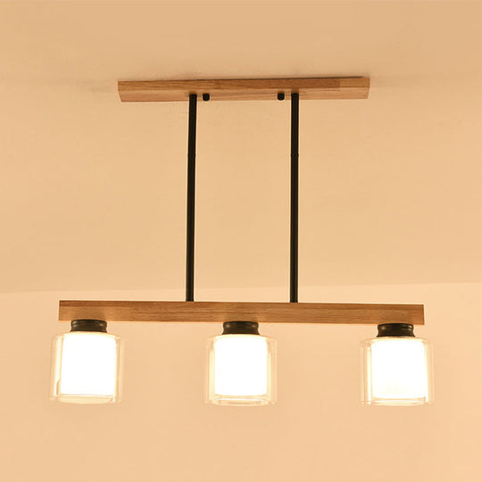 Nordic Wooden Linear Pendant With Double Glass Cylinder Shades For Restaurant Island Lighting