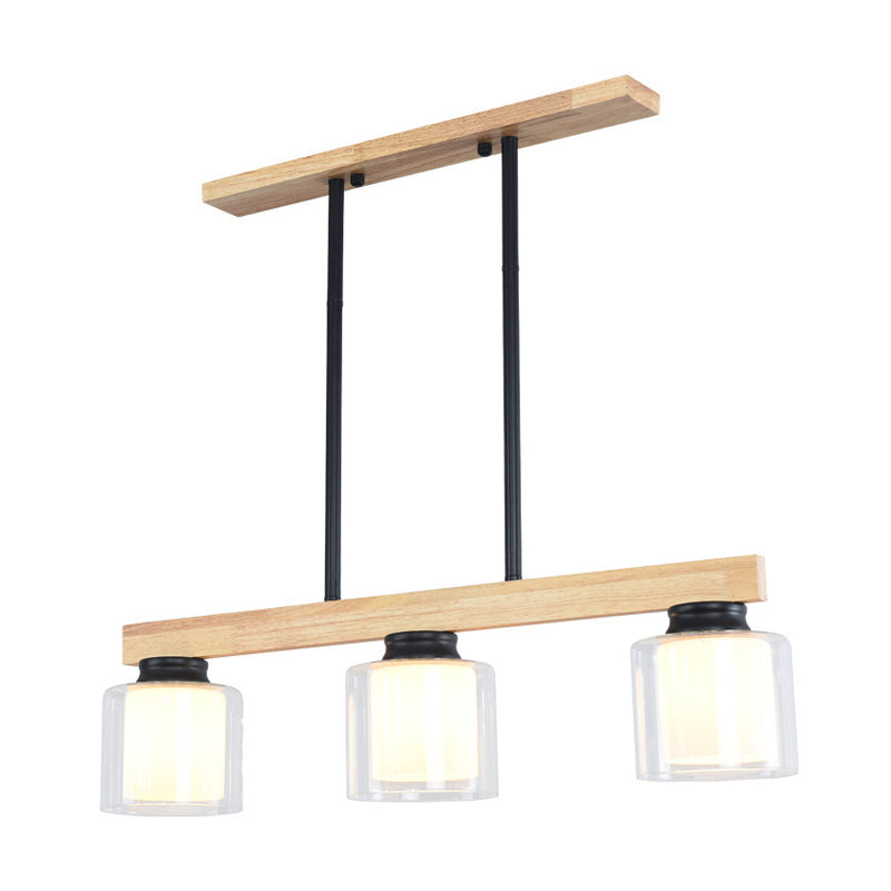 Nordic Wooden Linear Pendant With Double Glass Cylinder Shades For Restaurant Island Lighting