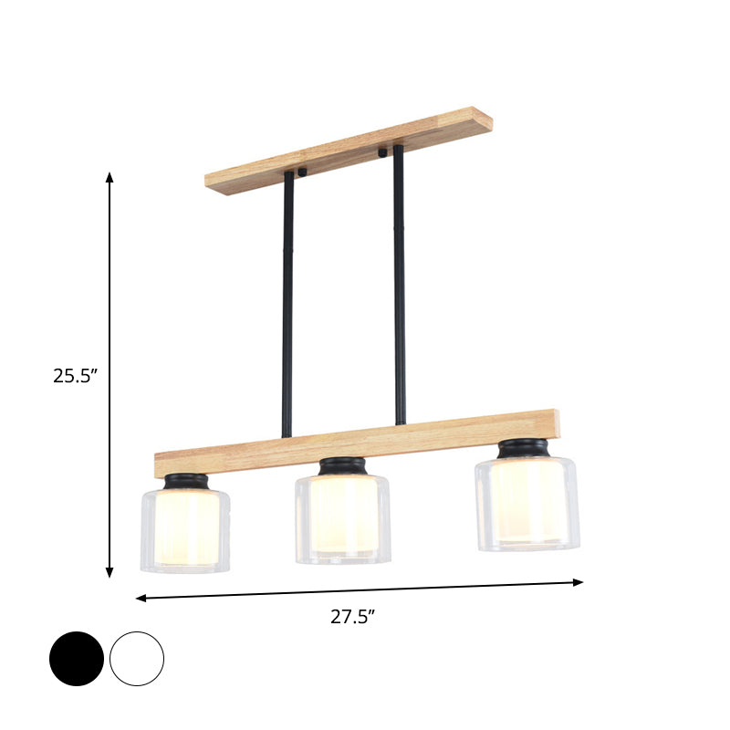 Nordic Wooden Linear Pendant With Double Glass Cylinder Shades For Restaurant Island Lighting