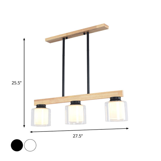 Nordic Wooden Linear Pendant With Double Glass Cylinder Shades For Restaurant Island Lighting