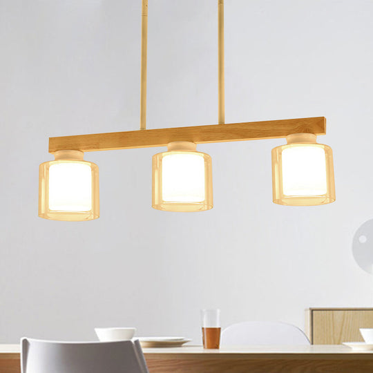 Nordic Wooden Linear Pendant With Double Glass Cylinder Shades For Restaurant Island Lighting