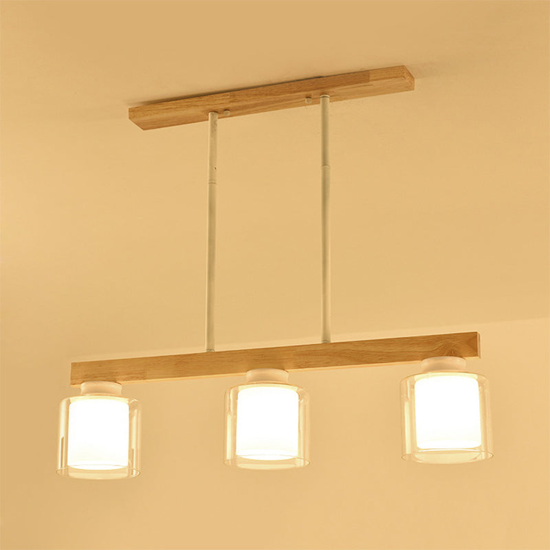 Nordic Wooden Linear Pendant With Double Glass Cylinder Shades For Restaurant Island Lighting