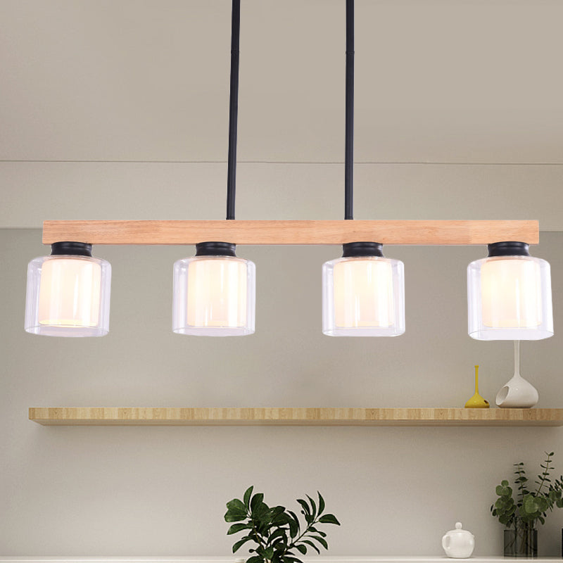 Nordic Wooden Linear Pendant With Double Glass Cylinder Shades For Restaurant Island Lighting