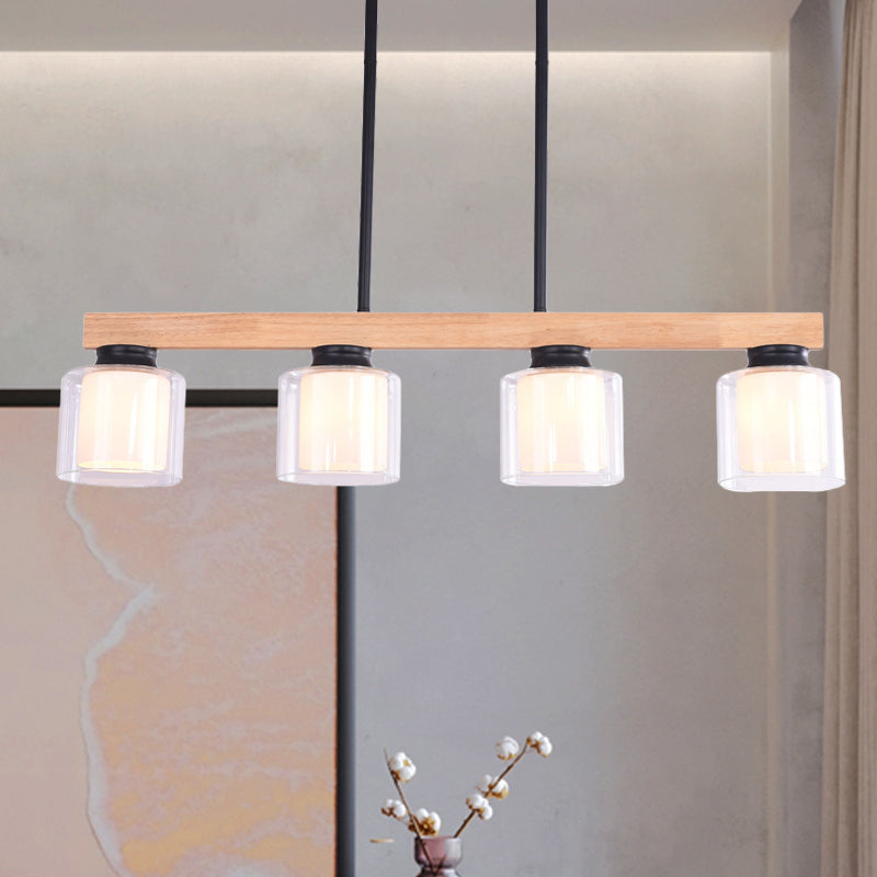 Nordic Wooden Linear Pendant With Double Glass Cylinder Shades For Restaurant Island Lighting