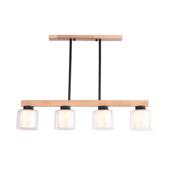 Nordic Wooden Linear Pendant With Double Glass Cylinder Shades For Restaurant Island Lighting