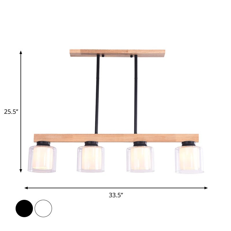 Nordic Wooden Linear Pendant With Double Glass Cylinder Shades For Restaurant Island Lighting