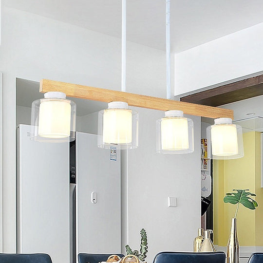 Nordic Wooden Linear Pendant With Double Glass Cylinder Shades For Restaurant Island Lighting