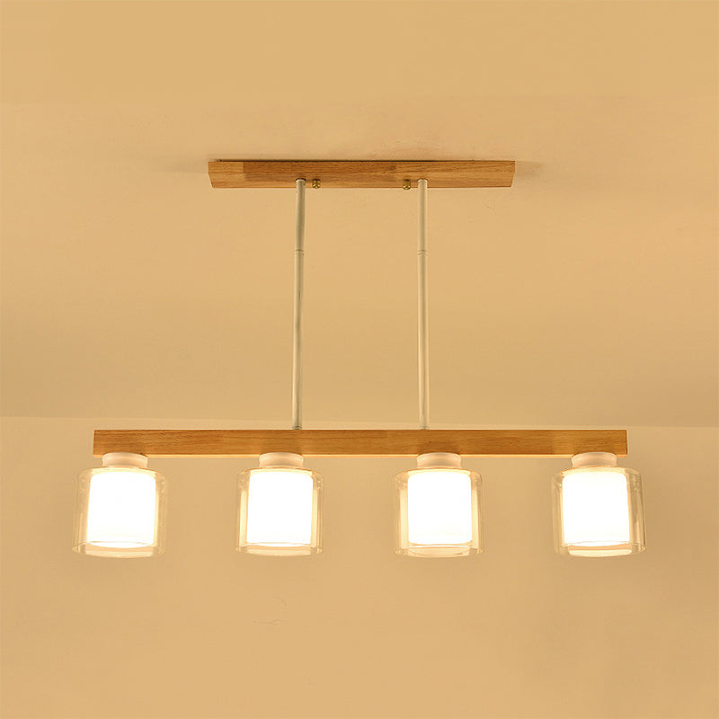 Nordic Wooden Linear Pendant With Double Glass Cylinder Shades For Restaurant Island Lighting