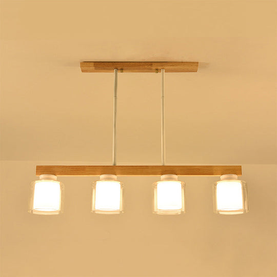 Nordic Wooden Linear Pendant With Double Glass Cylinder Shades For Restaurant Island Lighting