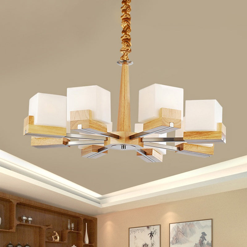 Nordic Wood Glass Cube Ceiling Lamp with Multiple Heads - Perfect for Living Room Lighting