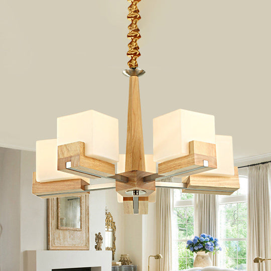 Nordic Wood Glass Cube Ceiling Lamp with Multiple Heads - Perfect for Living Room Lighting