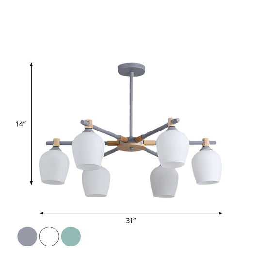 Wooden Nordic Style Chandelier With 3/6 Lights In Green/Gray/White For Living Room - Hanging Urn