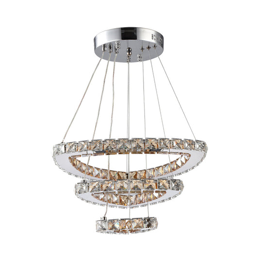 Contemporary Crystal Chrome Led Chandelier - 3-Tier Drop Pendant Perfect For Restaurants