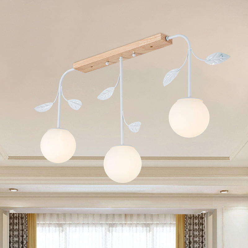 3/5 Light Orb Island Ceiling Lamp With Milky Glass & Wooden Canopy - Modern Simple Design 3 / Wood