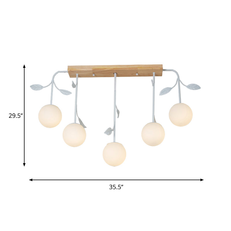 3/5 Light Orb Island Ceiling Lamp With Milky Glass & Wooden Canopy - Modern Simple Design