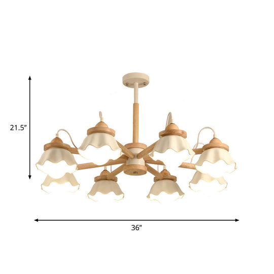 Nordic Wooden Drop Ceiling Light With White Scalloped Shades - Perfect For Living Room