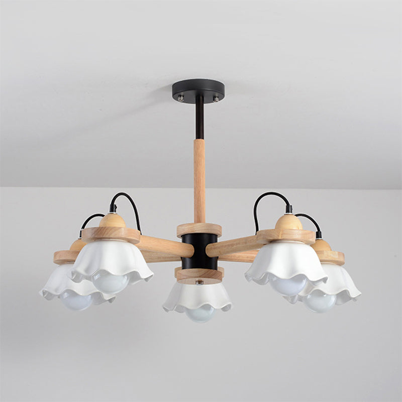 Nordic Wooden Drop Ceiling Light With White Scalloped Shades - Perfect For Living Room