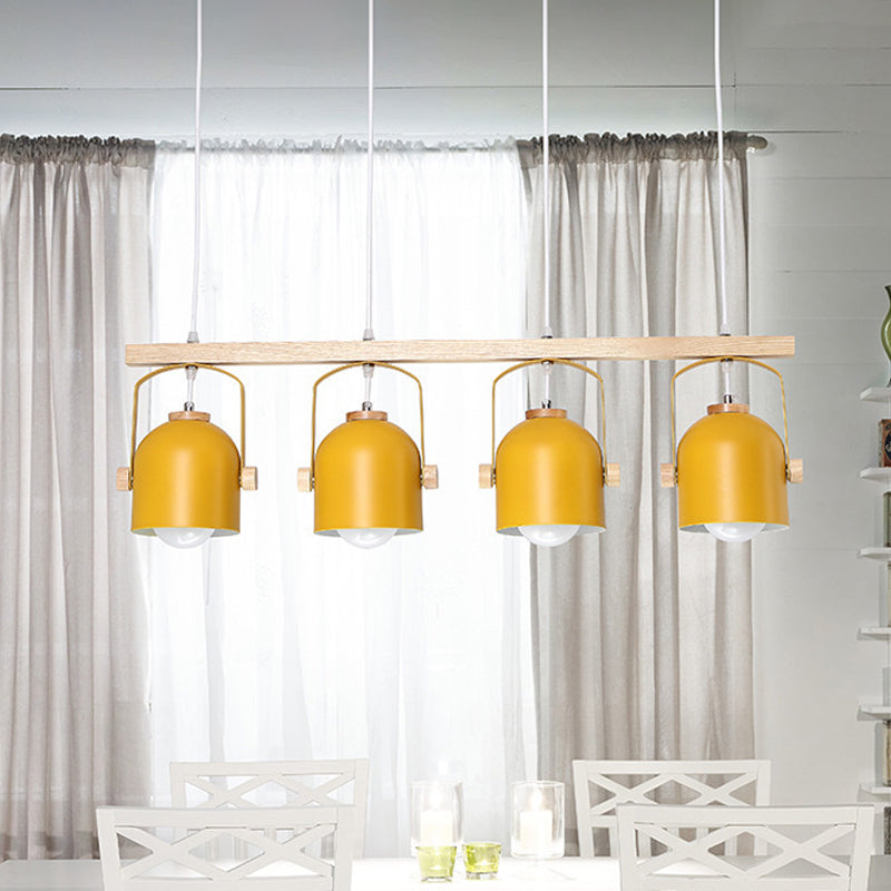 Nordic Dome Island Light: 3/4-Light Wood Chandelier With Metal Shade