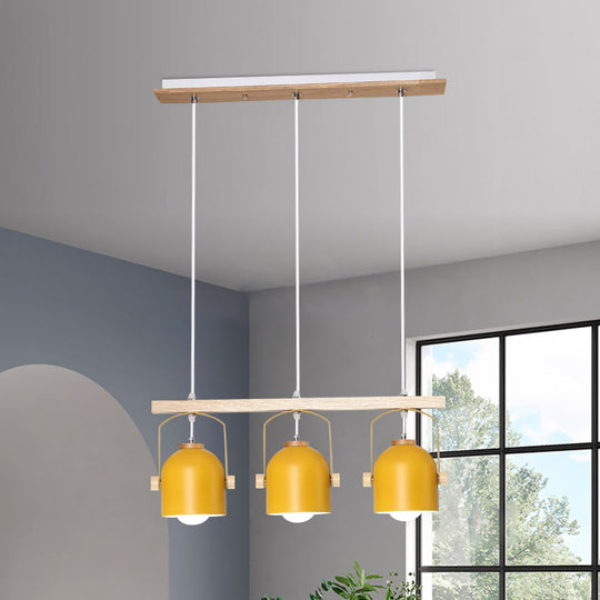 Nordic Dome Island Light: 3/4-Light Wood Chandelier With Metal Shade 3 / Yellow