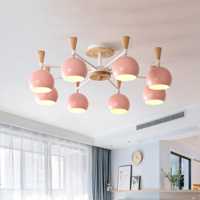 Nordic Orb Macaron Hanging Pendant Chandelier - 8 Bulbs Metal Light For Nurseries Pink