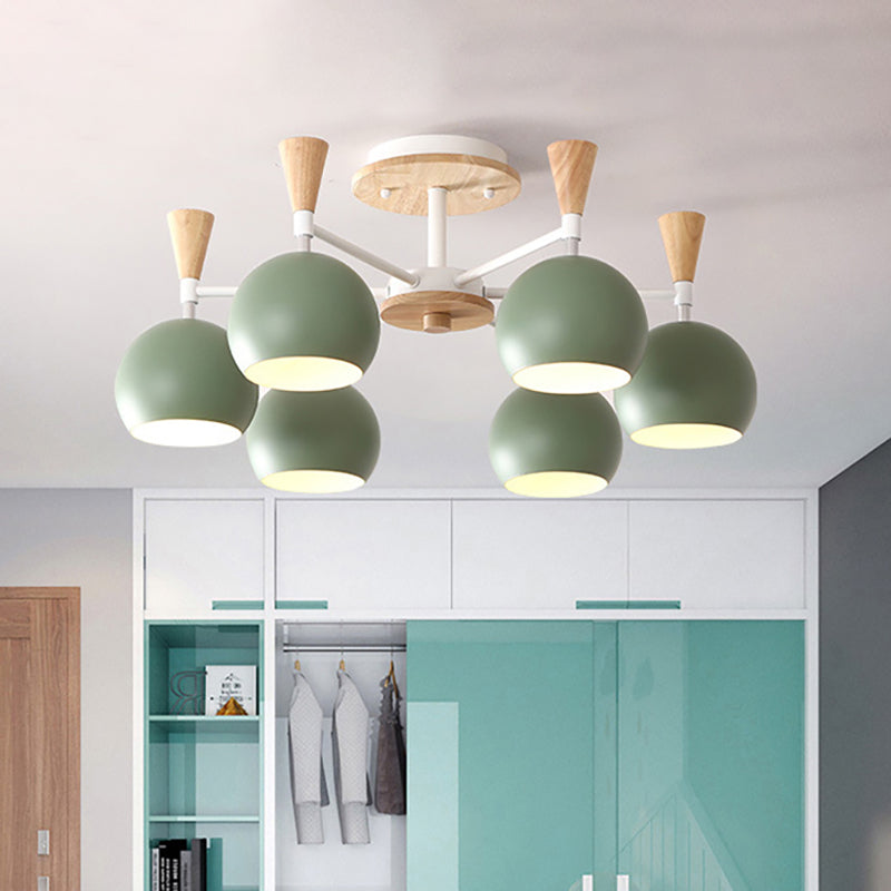 Nordic Suspension Light Chandelier - Stylish Metal Globe Shade Six Lights For Study Room Green