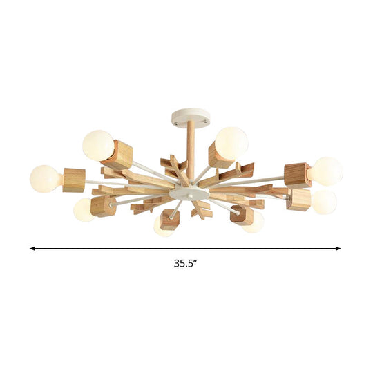 Japanese Style Beige Wood Chandelier - Snowflake Pendant Light for Bedroom