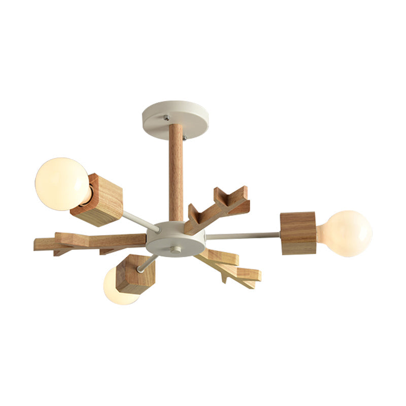 Japanese Style Beige Wood Chandelier - Snowflake Pendant Light for Bedroom