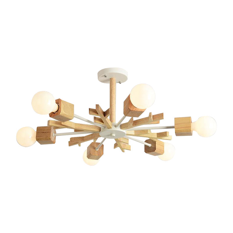 Beige Snowflake Pendant Light: Japanese Style Wood Chandelier For Bedroom