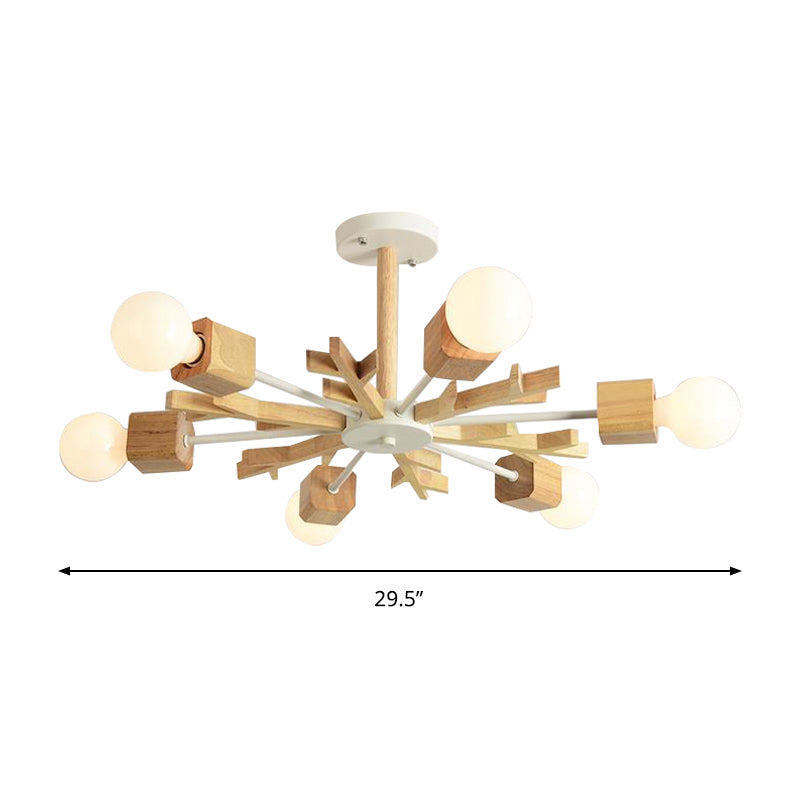 Japanese Style Beige Wood Chandelier - Snowflake Pendant Light for Bedroom