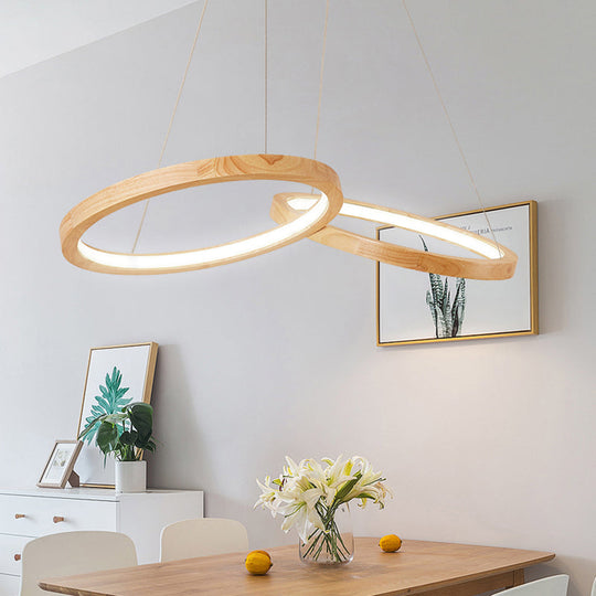 Modern Wood Double-Ring Pendant Light Chandelier For Dining Room In Beige