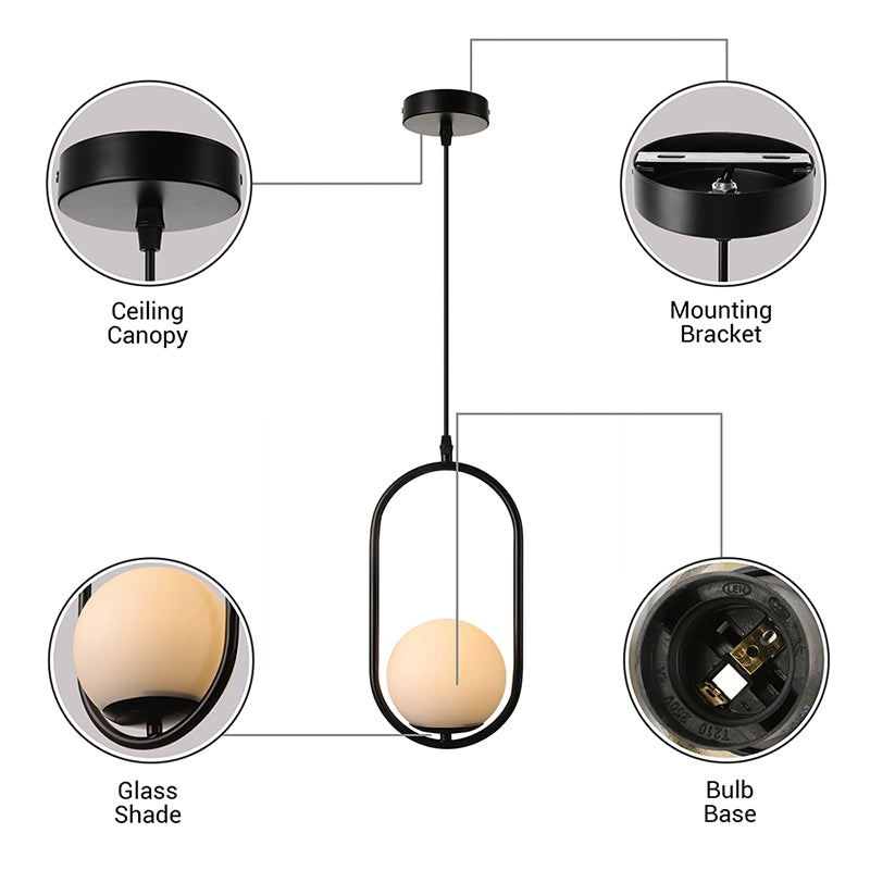 Modern Globe Pendant Light  White Glass  Black/Gold Hanging Ceiling Lamp for Bedroom