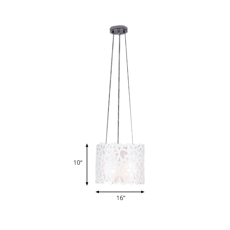 White Floral Pendant Light For Dining Room With Drum Shade And Wrought Iron Frame