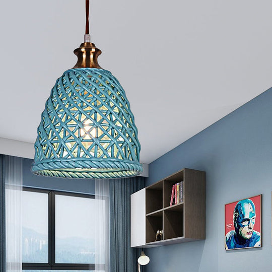 Modern Ceramic Pendant Lamp For Restaurants - Stylish Domed Basket Design 1 Head Hanging Light