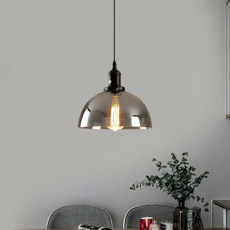 Dome Pendant Industrial Hanging Lamp - 1-Light, 10"/12" Wide, Smoked Glass, Black Finish