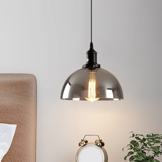 Dome Pendant Industrial Hanging Lamp - 1-Light, 10"/12" Wide, Smoked Glass, Black Finish