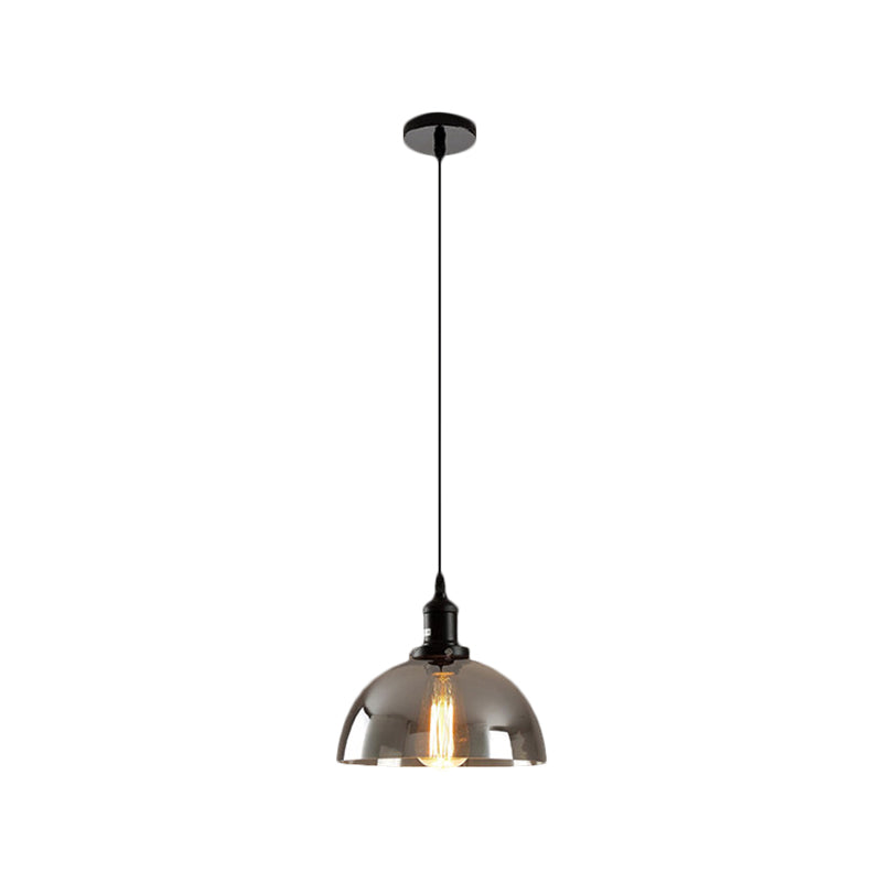 Dome Pendant Industrial Hanging Lamp - 1-Light, 10"/12" Wide, Smoked Glass, Black Finish