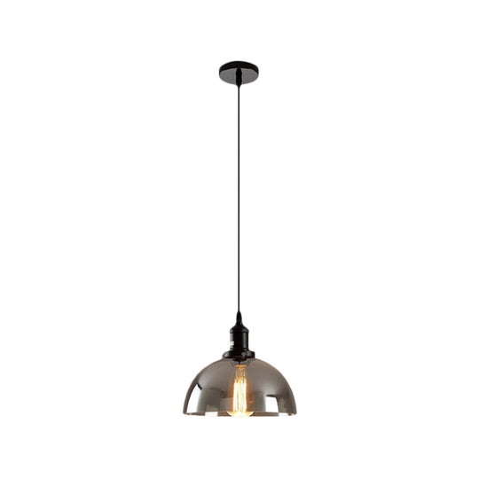 Industrial Dome Pendant Lighting - Smoked Glass Hanging Lamp 1-Light 10/12 Width Black