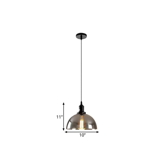 Dome Pendant Industrial Hanging Lamp - 1-Light, 10"/12" Wide, Smoked Glass, Black Finish