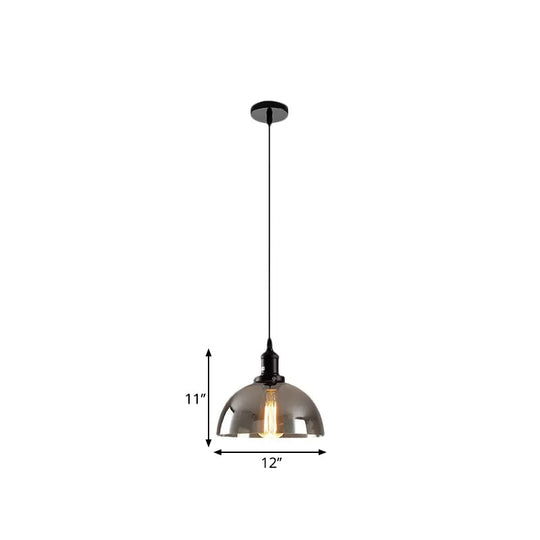 Dome Pendant Industrial Hanging Lamp - 1-Light, 10"/12" Wide, Smoked Glass, Black Finish