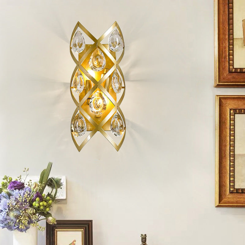 Contemporary Brass Finish Teardrop Sconce: Clear Crystal Wall Light With 2 Lights For Living Room