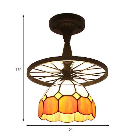 1 Head Tiffany Antique Glass Semi Flush Mount Ceiling Light in Orange for Hallway with Grid Dome Design and Decorative Patterns