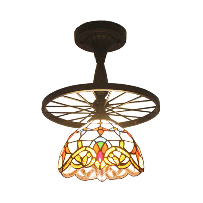 1 Head Tiffany Antique Glass Semi Flush Mount Ceiling Light In Orange For Hallway With Grid Dome